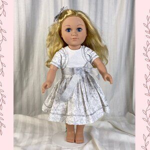 Handmade 18 inch Doll Outfit, White and Silver Snowflake Party Dress and Bolero